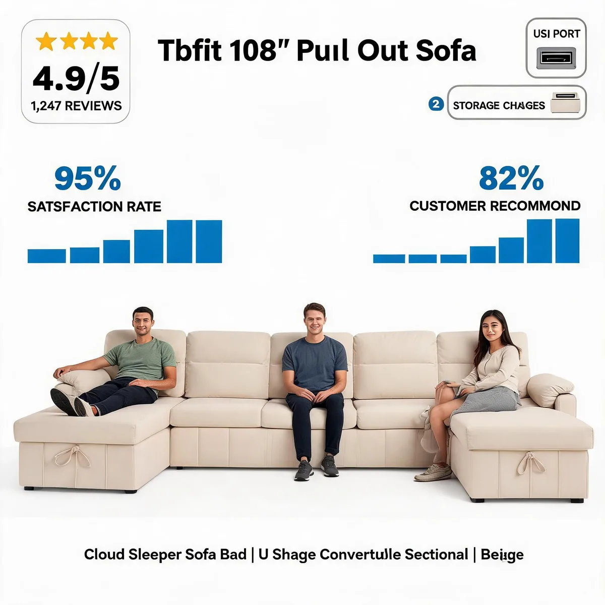 Tbfit 108'' Pull Out Sofa, Cloud Sleeper Sofa Bed with USB & 2 Storage Chaises, Comfy Oersized U Shaped Convertible Sectional Sleeper Couches for Living Room, Apartment, Office, Beige