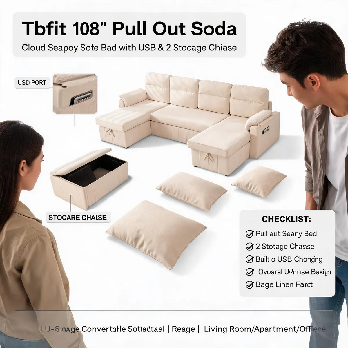 Tbfit 108'' Pull Out Sofa, Cloud Sleeper Sofa Bed with USB & 2 Storage Chaises, Comfy Oersized U Shaped Convertible Sectional Sleeper Couches for Living Room, Apartment, Office, Beige