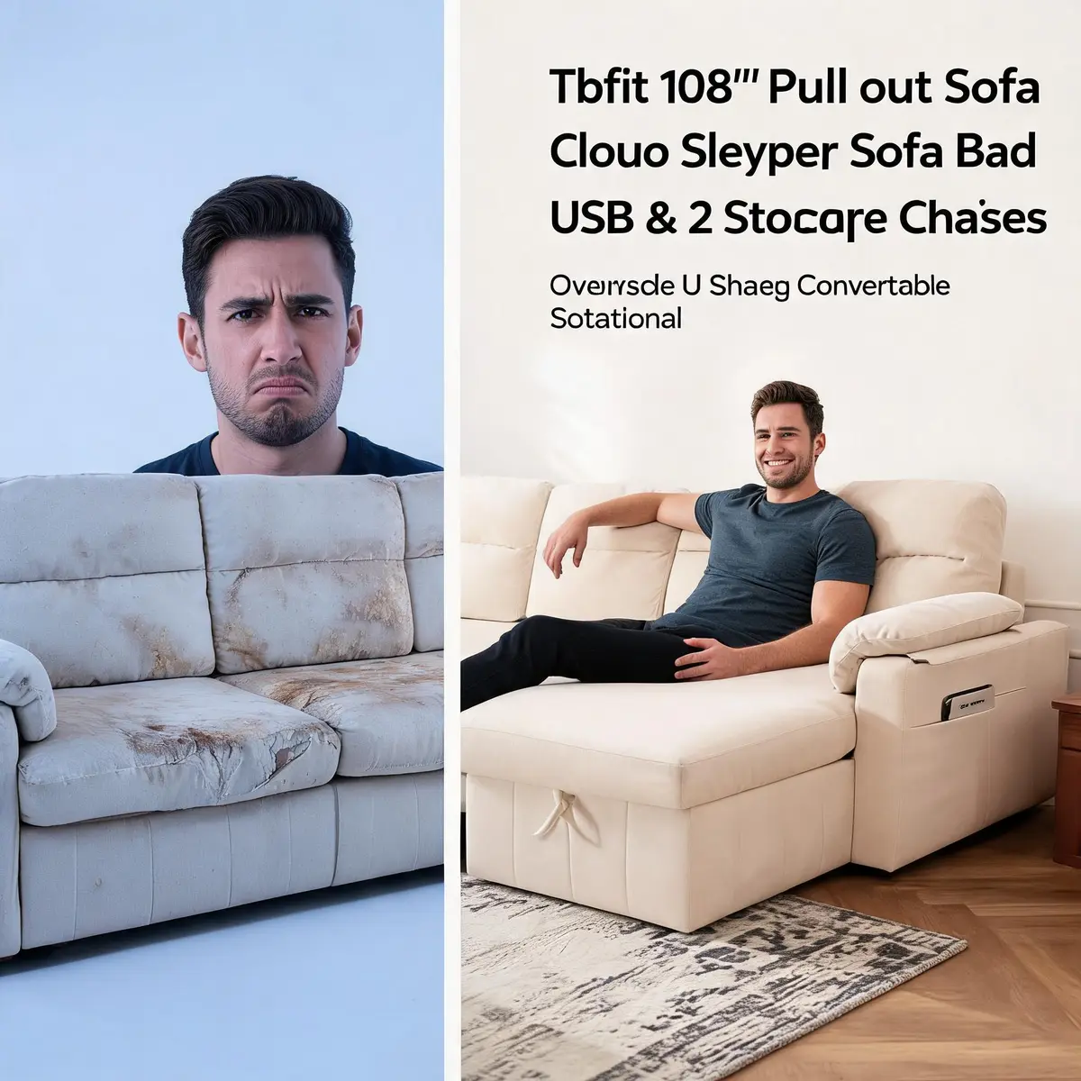 Tbfit 108'' Pull Out Sofa, Cloud Sleeper Sofa Bed with USB & 2 Storage Chaises, Comfy Oersized U Shaped Convertible Sectional Sleeper Couches for Living Room, Apartment, Office, Beige