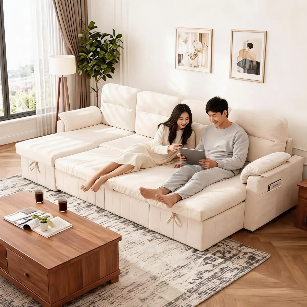 Tbfit 108'' Pull Out Sofa, Cloud Sleeper Sofa Bed with USB & 2 Storage Chaises, Comfy Oersized U Shaped Convertible Sectional Sleeper Couches for Living Room, Apartment, Office, Beige