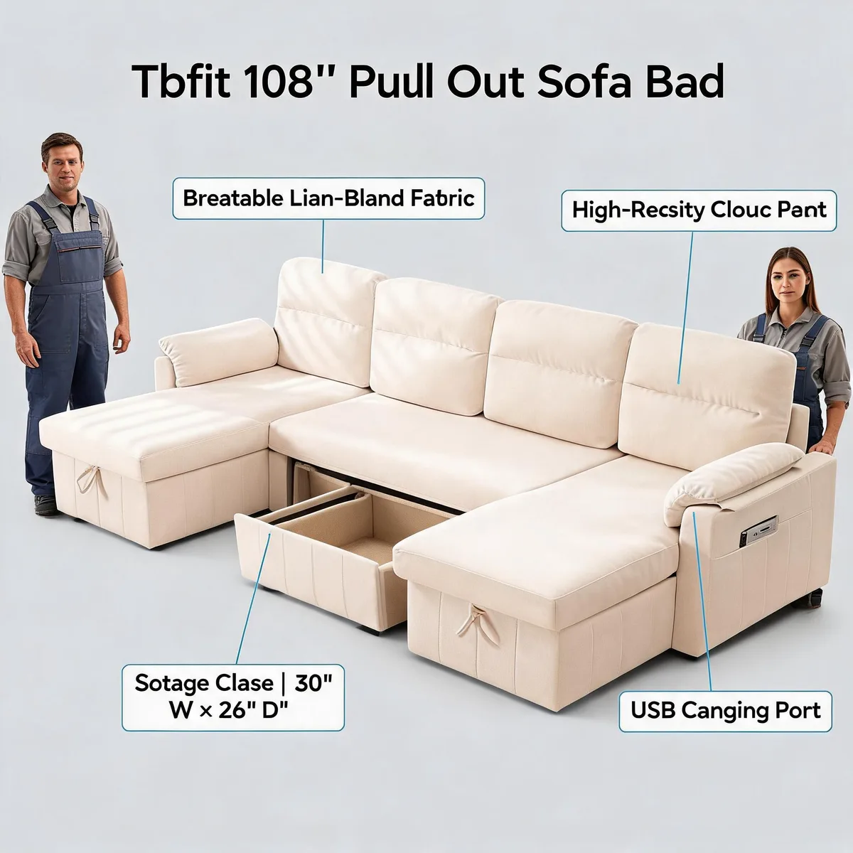 Tbfit 108'' Pull Out Sofa, Cloud Sleeper Sofa Bed with USB & 2 Storage Chaises, Comfy Oersized U Shaped Convertible Sectional Sleeper Couches for Living Room, Apartment, Office, Beige